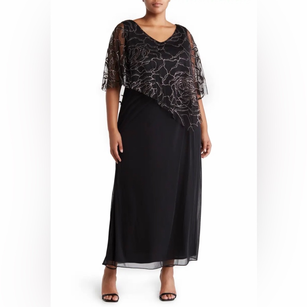 SL Fashions (SLNY) Black Evening Gown with Sparkly Floral Capelet, Size 16W